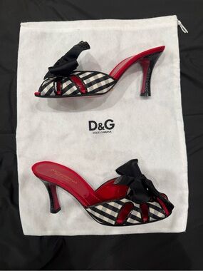 Dolce & Gabbana Black & White Gingham Mules w/ Red Trim $ Black Bow | Size 36/6